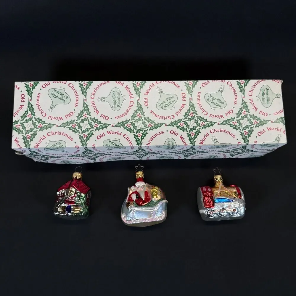 3x vintage Old World Christmas tree Ornaments Santa Sleigh House train w Box